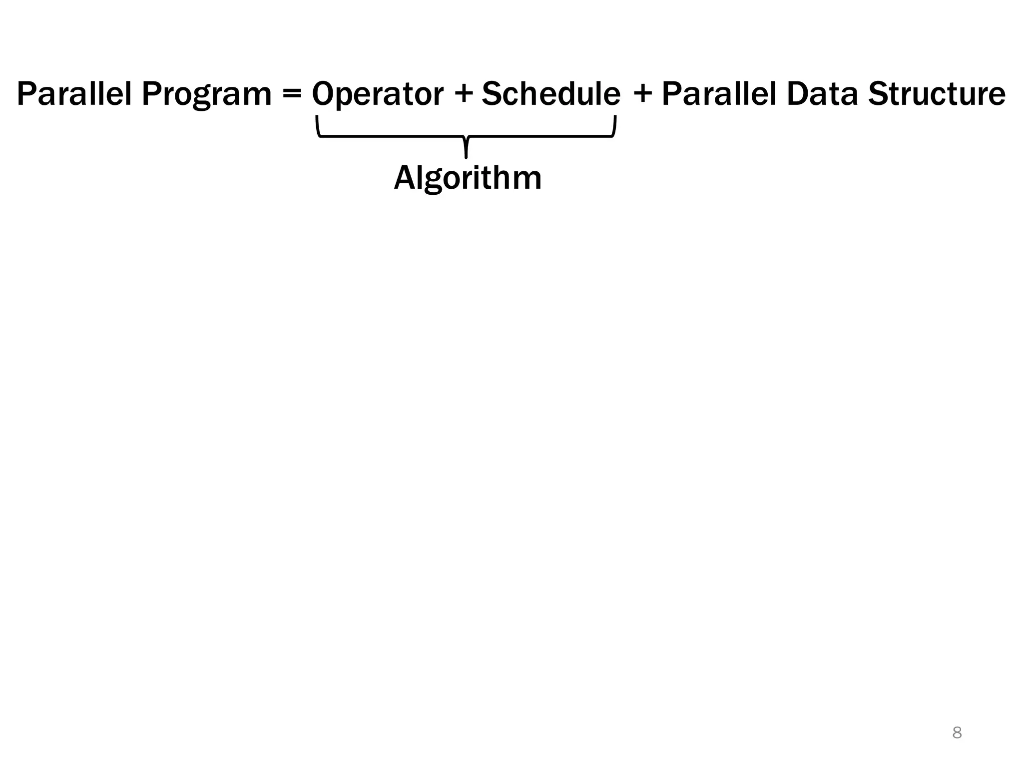 Parallel Program = Operator + Schedule + Parallel Data Structure
Algorithm
8
 