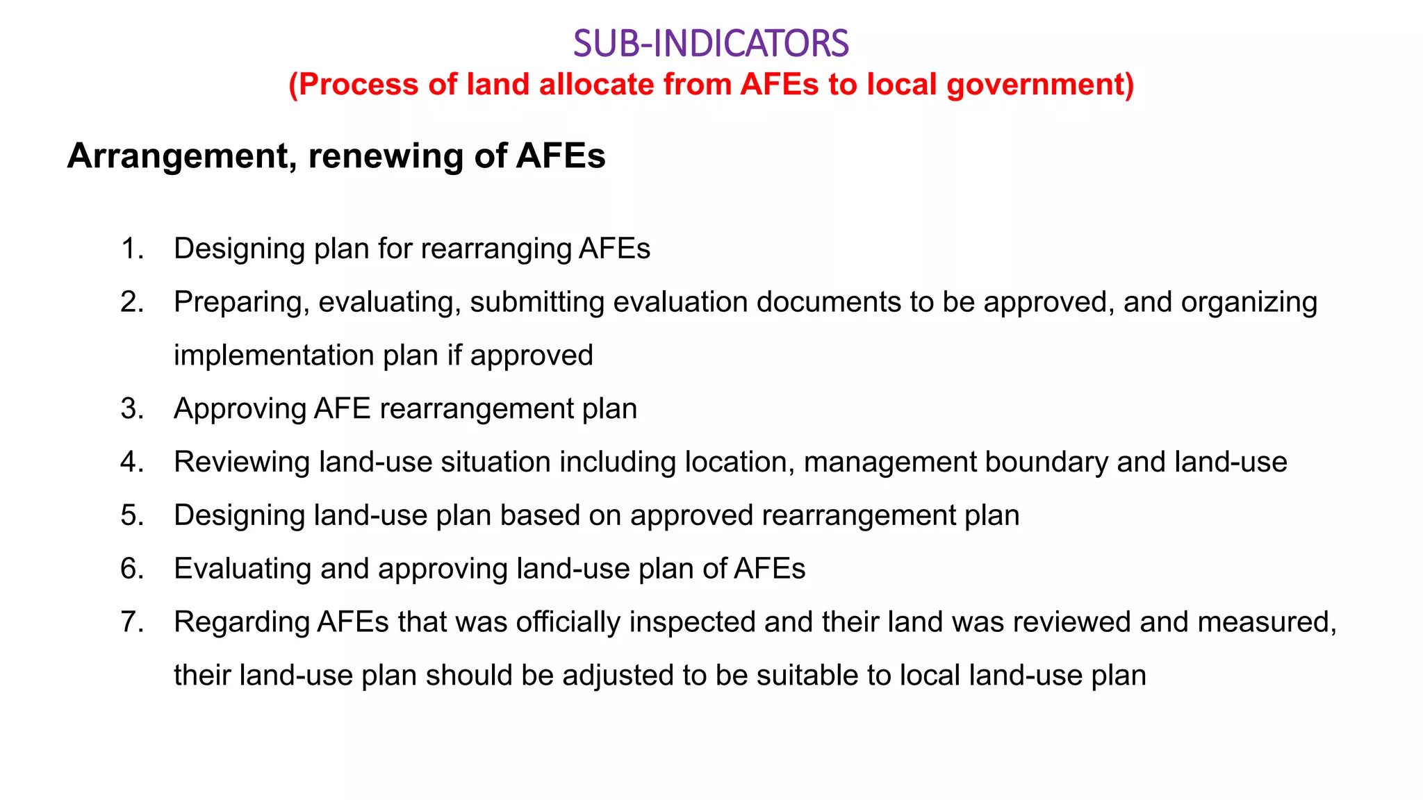 SUB-INDICATORS
(Process of land allocate from AFEs to local government)
Arrangement, renewing of AFEs
1. Designing plan for rearranging AFEs
2. Preparing, evaluating, submitting evaluation documents to be approved, and organizing
implementation plan if approved
3. Approving AFE rearrangement plan
4. Reviewing land-use situation including location, management boundary and land-use
5. Designing land-use plan based on approved rearrangement plan
6. Evaluating and approving land-use plan of AFEs
7. Regarding AFEs that was officially inspected and their land was reviewed and measured,
their land-use plan should be adjusted to be suitable to local land-use plan
 