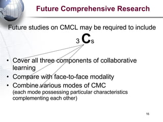 Future Comprehensive Research Future studies on CMCL may be required to include 3  C s Cover all three components of collaborative learning Compare with face-to-face modality Combine various modes of CMC  (each mode possessing particular characteristics complementing each other) 