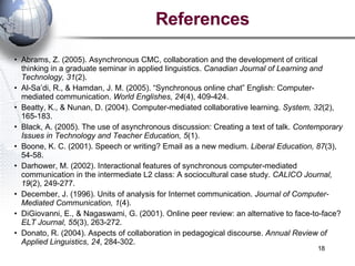 Abrams, Z. (2005). Asynchronous CMC, collaboration and the development of critical thinking in a graduate seminar in applied linguistics.  Canadian Journal of Learning and Technology, 31 (2). Al-Sa’di, R., & Hamdan, J. M. (2005). “Synchronous online chat” English: Computer-mediated communication.  World Englishes, 24 (4), 409-424. Beatty, K., & Nunan, D. (2004). Computer-mediated collaborative learning.  System, 32 (2), 165-183. Black, A. (2005). The use of asynchronous discussion: Creating a text of talk.  Contemporary Issues in Technology and Teacher Education, 5 (1). Boone, K. C. (2001). Speech or writing? Email as a new medium.  Liberal Education, 87 (3), 54-58. Darhower, M. (2002). Interactional features of synchronous computer-mediated communication in the intermediate L2 class: A sociocultural case study.  CALICO Journal, 19 (2), 249-277. December, J. (1996). Units of analysis for Internet communication.  Journal of Computer-Mediated Communication, 1 (4). DiGiovanni, E., & Nagaswami, G. (2001). Online peer review: an alternative to face-to-face?  ELT Journal, 55 (3), 263-272. Donato, R. (2004). Aspects of collaboration in pedagogical discourse.  Annual Review of Applied Linguistics, 24 , 284-302. References 