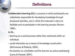 Definitions Collaborative learning (CL):  a process in which participants are collectively responsible for developing knowledge through structured activities, and in which the instructor’s role is to facilitate and co-participate in the learning process (Nunan, 1992). In CL ,  learning as a social process rather than restrained within an individual. social interaction as a means of knowledge construction (McInnerney & Roberts, 2004). the teacher as a facilitator and the learners as active participants (Lamy & Hampel, 2007). 