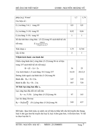 Trang
ĐỒ ÁN CHI TIẾT MÁY GVHD : NGUYỄN HOÀNG VŨ
STTH : NGUYỄN HẢI SỨ - MSSV: 2113040051 7
phép [σp]o N/mm2
Các hiệu số :
1,7 1,74
Ct ( tra bảng 5-6 ) trang 89 0,9 0,9
Cα( tra bảng 5-18) trang 95 0,92 0,86
Cv(tra bảng 5-19) trang 95 1 1
Số đai tính theo công thức : (5-22) trang 95 sách thiết kế chi
tiết máy. Z ≥
1000.𝑁
𝑣.[𝜎 𝑝].𝐶𝑡.𝐶 𝛼 .𝐶𝑣.𝐹
Tính được z 1,75 0,744
Lấy số đai 2 1
9 Định kích thước của bánh đai
Chiều rộng bánh đai [ công thức (5-23) trang 96 và số liệu
trang 257 sách thiết kế chi tiết máy]
B = (Z – 1)t + 2s
Các kích thước t; S xem bảng 10-3 trang 257
Đường kính ngoài của bánh đai (5-24) trang 96
Bánh dẫn Dn1= D1+2.h0
Bánh bị dẫn Dn2= D2 + 2.h0
36
16;10
147
507
25
20;12,5
210
720
10 Tính lực căng ban đầu so
Lực căng ban đầu đối với mỗi đai
S0 = σ0. F (N) [công thức (5-25)] trang 96 97 165
Lực tác dụng lên trục
Rđ = 3S0Zsin
𝜶 𝟏
𝟐
(N ) [công thức (5-26)] trang 96 549 437
Kết luận : Qua tính toán, so sánh các số liệu ta thấy kết cấu bộ truyền đai thang
loại A nhỏ gọn hơn bộ truyền đai loại Б, loại A đơn giản hơn, ít tốn kém hơn. Vì thế
ta chọn loại đai A.
 