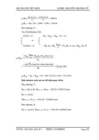 Trang
ĐỒ ÁN CHI TIẾT MÁY GVHD : NGUYỄN HOÀNG VŨ
STTH : NGUYỄN HẢI SỨ - MSSV: 2113040051 22
⇒ RBX=
𝑷𝒕 𝟏.( 𝑏1+𝒄 𝟏)
𝑏1
=
1248.(50+50)
50
= 2496 N
⇒ RAx = RBx- Pt1 = 2496 - 1248 = 1248 N
Theo phương Y:
Ta có hệ phương trình
𝑌(Fi) = 0 Rđ − RAy − RBy + Pr1 = 0.
⇒
mA(Fi) = 0 − 𝑅đ. 𝑎1−𝑃𝑎1 .
𝑑 𝑡𝑏1
2
+ 𝑃 𝑟1(𝑏1 + 𝑐1) - 𝑅 𝐵𝑦. 𝑏1=0
⇒ 𝑅 𝐵𝑦=
−𝑃 𝑎1.
𝑑 𝑡𝑏1
2
−𝑅đ.𝑎1+𝑃𝑟1.(𝑏1+𝑐1)
𝑏1
=
−125.
61
2
+549.53−436.(50+50)
50
= 213,81 (N)
⇒ RAy = Rđ − RBy + Pr1= 549+ 213,81+ 436 = 771,19 N
Tính mômen xoắn tại các tiết diện nguy hiểm
Theo phương Y:
Tại z =[0;a1] thì: MY(n-n) = Rđ.al = 549.53= 29097 N.mm
Tại z = [a1;b1]
MuY(m-m)= Pr1.c1 = 436.50 = 21800 N.mm
Theo phương X:
Tại z = [a1;b1]: MuX(m-m)= P1.c1 = 1248.50= 62400 N.mm
 