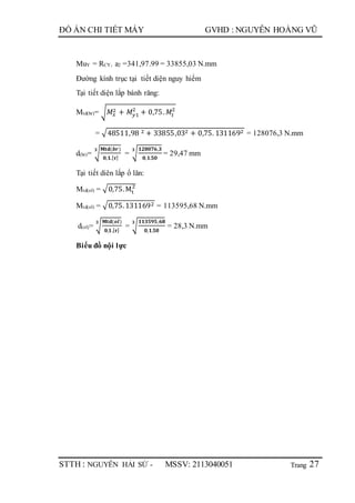 Trang
ĐỒ ÁN CHI TIẾT MÁY GVHD : NGUYỄN HOÀNG VŨ
STTH : NGUYỄN HẢI SỨ - MSSV: 2113040051 27
MuY = RCY. a2 =341,97.99 = 33855,03 N.mm
Đường kính trục tại tiết diện nguy hiểm
Tại tiết diện lắp bánh răng:
Mtd(br)= √ 𝑀𝑥
2 + 𝑀𝑦1
2
+ 0,75. 𝑀𝑡
2
= √48511,98 2 + 33855,032 + 0,75. 1311692 = 128076,3 N.mm
d(br)= √
𝐌𝐭𝐝(𝒃𝒓)
𝟎,𝟏.[ 𝝉]
𝟑
= √
𝟏𝟐𝟖𝟎𝟕𝟔,𝟑
𝟎,𝟏.𝟓𝟎
𝟑
= 29,47 mm
Tại tiết diên lắp ổ lăn:
Mtd(ol) = √0,75. Mt
2
Mtd(ol) = √0,75. 1311692 = 113595,68 N.mm
d(ol)= √
𝐌𝐭𝐝(𝒐𝒍)
𝟎,𝟏.[ 𝝉]
𝟑
= √
𝟏𝟏𝟑𝟓𝟗𝟓,𝟔𝟖
𝟎,𝟏.𝟓𝟎
𝟑
= 28,3 N.mm
Biểu đồ nội lực
 