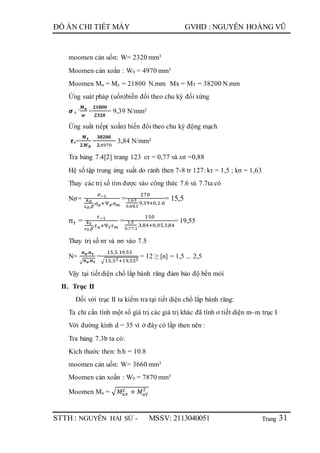 Trang
ĐỒ ÁN CHI TIẾT MÁY GVHD : NGUYỄN HOÀNG VŨ
STTH : NGUYỄN HẢI SỨ - MSSV: 2113040051 31
moomen cản uốn: W= 2320 mm3
Moomen cản xoắn : W0 = 4970 mm3
Moomen Mu = My = 21800 N.mm Mx = MT = 38200 N.mm
Ứng suát pháp (uốn)biến đổi theo chu kỳ đối xứng
𝝈 a
=
𝑴 𝒖
𝒘
=
𝟐𝟏𝟖𝟎𝟎
𝟐𝟑𝟐𝟎
= 9,39 N/mm2
Ứng suất tiếp( xoắn) biến đổi theo chu kỳ động mạch
𝝉a=
𝑴 𝒙
𝟐.𝑾 𝟎
=
𝟑𝟖𝟐𝟎𝟎
𝟐.4970
= 3,84 N/mm2
Tra bảng 7.4[2] trang 123 ετ = 0,77 và εσ =0,88
Hệ số tập trung ứng suất do rảnh then 7-8 tr 127: kτ = 1,5 ; kσ = 1,63
Thay các trị số tìm được vào công thức 7.6 và 7.7ta có
N𝜎=
𝜎−1
𝑘 𝜎
𝜀 𝜎.𝛽
.𝜎 𝑎+Ѱ 𝜎 𝜎 𝑚
=
270
1,63
0,88.1
.9,39+0,1.0
= 15,5
𝑛 𝜏 =
𝜏−1
𝑘 𝜏
𝜀 𝜏.𝛽
.𝜏 𝑎+Ѱ 𝜏 𝜏 𝑚
=
150
1,5
0,77.1
.3,84+0,05.3,84
= 19,55
Thay trị số nτ và nσ vào 7.5
N=
𝒏 𝝈.𝒏 𝝉
√ 𝒏 𝝈.𝒏 𝝉
=
15,5.19,55
√15,52+19,552
= 12 ≥ [n] = 1,5 ... 2,5
Vậy tại tiết diện chổ lắp bánh răng đảm bảo độ bền mỏi
II. Trục II
Đối với trục II ta kiểm tra tại tiết diện chổ lắp bánh răng:
Ta chỉ cần tính một số giá trị các giá trị khác đã tính ơ tiết diện m–m trục I
Với đường kính d = 35 vì ở đây có lắp then nên :
Tra bảng 7.3b ta có:
Kích thước then: b.h = 10.8
moomen cản uốn: W= 3660 mm3
Moomen cản xoắn : W0 = 7870 mm3
Moomen Mu = √ 𝑀𝑢𝑥
2 + 𝑀𝑢𝑌
2
 