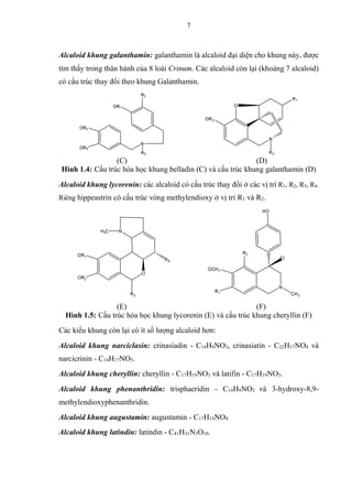 7
Alcaloid khung galanthamin: galanthamin là alcaloid đại diện cho khung này, được
tìm thấy trong thân hành của 8 loài Crinum. Các alcaloid còn lại (khoảng 7 alcaloid)
có cấu trúc thay đổi theo khung Galanthamin.
(C) (D)
Hình 1.4: Cấu trúc hóa học khung belladin (C) và cấu trúc khung galanthamin (D)
Alcaloid khung lycorenin: các alcaloid có cấu trúc thay đổi ở các vị trí R1, R2, R3, R4.
Riêng hippeastrin có cấu trúc vòng methylendioxy ở vị trí R1 và R2.
(E) (F)
Hình 1.5: Cấu trúc hóa học khung lycorenin (E) và cấu trúc khung cheryllin (F)
Các kiểu khung còn lại có ít số lượng alcaloid hơn:
Alcaloid khung narciclasin: crinasiadin - C14H9NO3, crinasiatin - C22H17NO4 và
narcicrinin - C14H17NO5.
Alcaloid khung cheryllin: cheryllin - C17H19NO3 và latifin - C17H19NO3.
Alcaloid khung phenanthridin: trisphaeridin - C14H9NO2 và 3-hydroxy-8,9-
methylendioxyphenanthridin.
Alcaloid khung augustamin: augustamin - C17H19NO4.
Alcaloid khung latindin: latindin - C41H31N3O10.
 