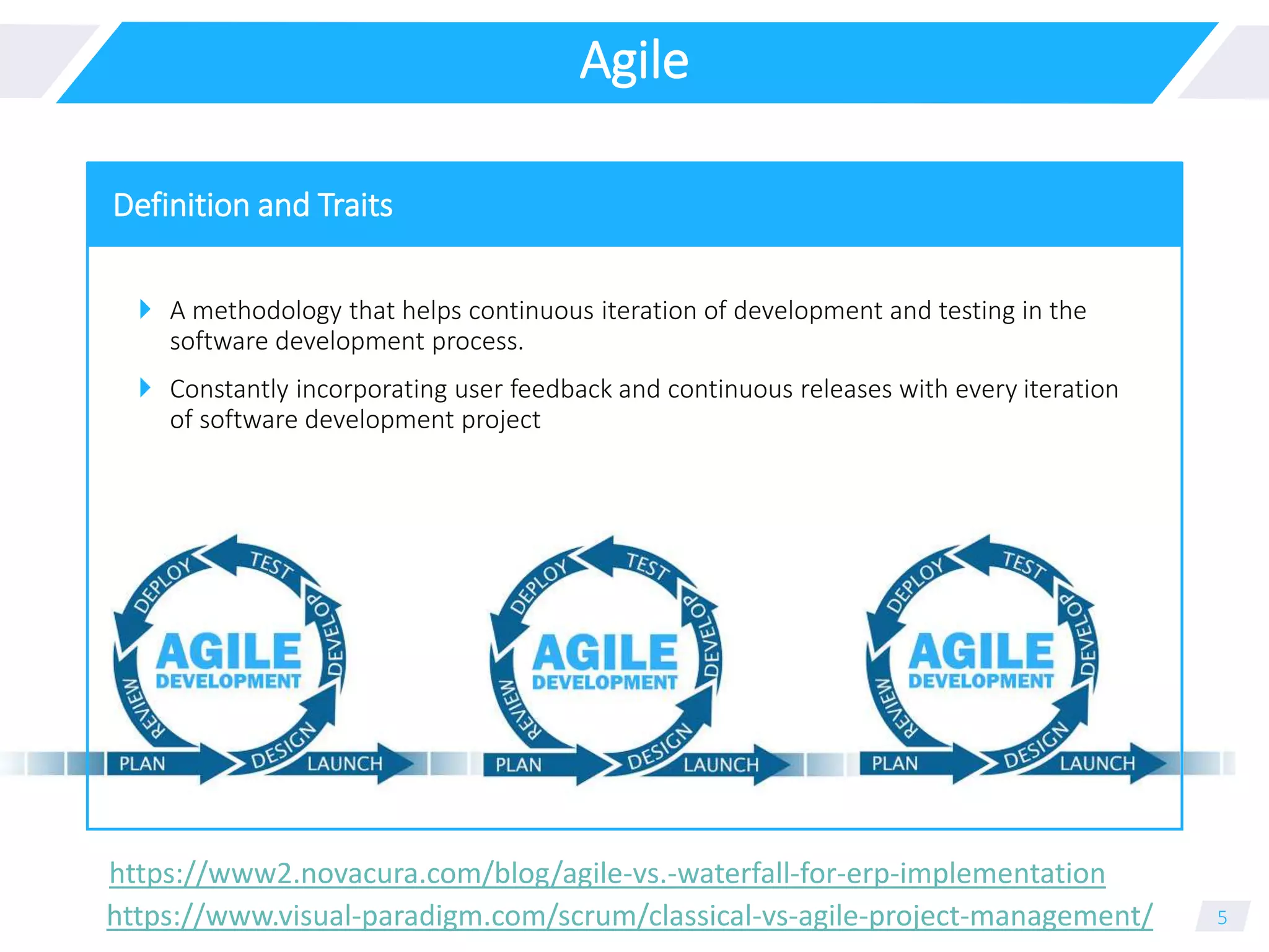 Agile
 A methodology that helps continuous iteration of development and testing in the
software development process.
 Constantly incorporating user feedback and continuous releases with every iteration
of software development project
5
Definition and Traits
https://www2.novacura.com/blog/agile-vs.-waterfall-for-erp-implementation
https://www.visual-paradigm.com/scrum/classical-vs-agile-project-management/
 