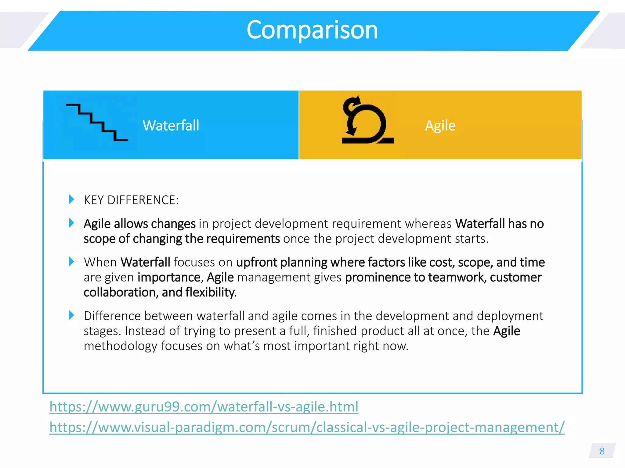 Comparison
 KEY DIFFERENCE:
 Agile allows changes in project development requirement whereas Waterfall has no
scope of changing the requirements once the project development starts.
 When Waterfall focuses on upfront planning where factors like cost, scope, and time
are given importance, Agile management gives prominence to teamwork, customer
collaboration, and flexibility.
 Difference between waterfall and agile comes in the development and deployment
stages. Instead of trying to present a full, finished product all at once, the Agile
methodology focuses on what’s most important right now.
8
https://www.guru99.com/waterfall-vs-agile.html
https://www.visual-paradigm.com/scrum/classical-vs-agile-project-management/
Waterfall Agile
 