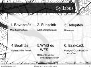 Syllabus

1. Bevezetés

2. Funkciók

3. Telepítés

Mire használható

Adat szolgáltatások

Útmutató

5.WMS és
WFS

6. Eszközök

4.Beállítás
Felhasználói felület

Raszer és vektor
adatszolgáltatások

Kedd 29 Október 2013

TÁMOP-4.1.2.A/1-11/1-2011-0056

PostgreSQL – PostGIS
eszközei

2

 