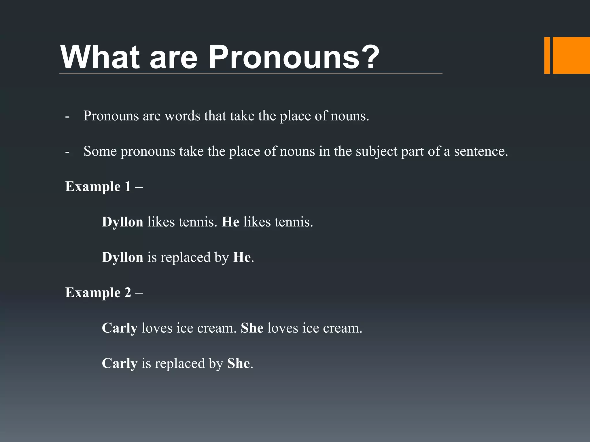 OBJECTIVES
- Students will learn about pronouns

- Students will complete activities to get a better understanding of
how to use pronouns in sentences

 