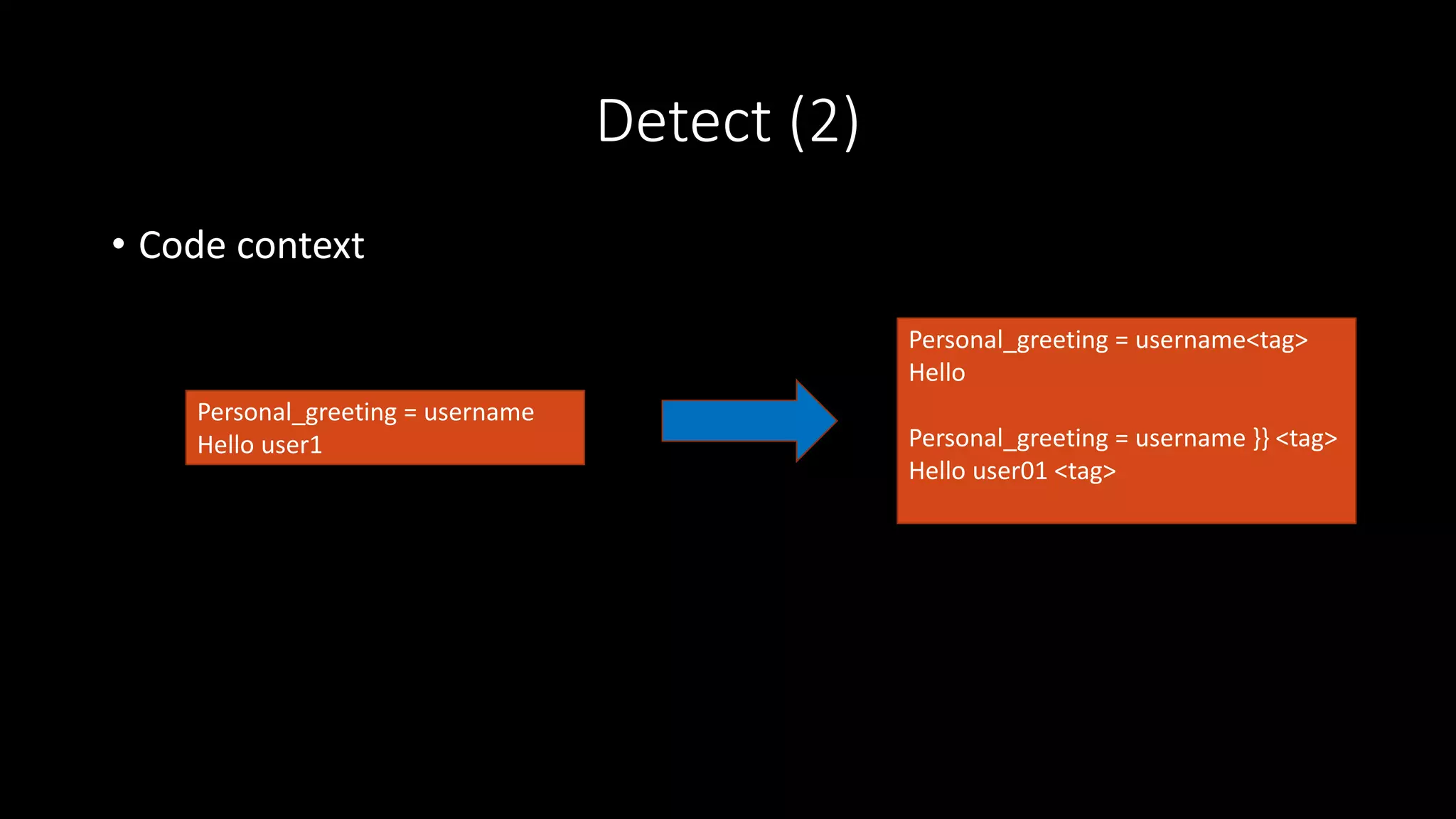 Detect (2)
• Code context
Personal_greeting = username
Hello user1
Personal_greeting = username<tag>
Hello
Personal_greeting = username }} <tag>
Hello user01 <tag>
 