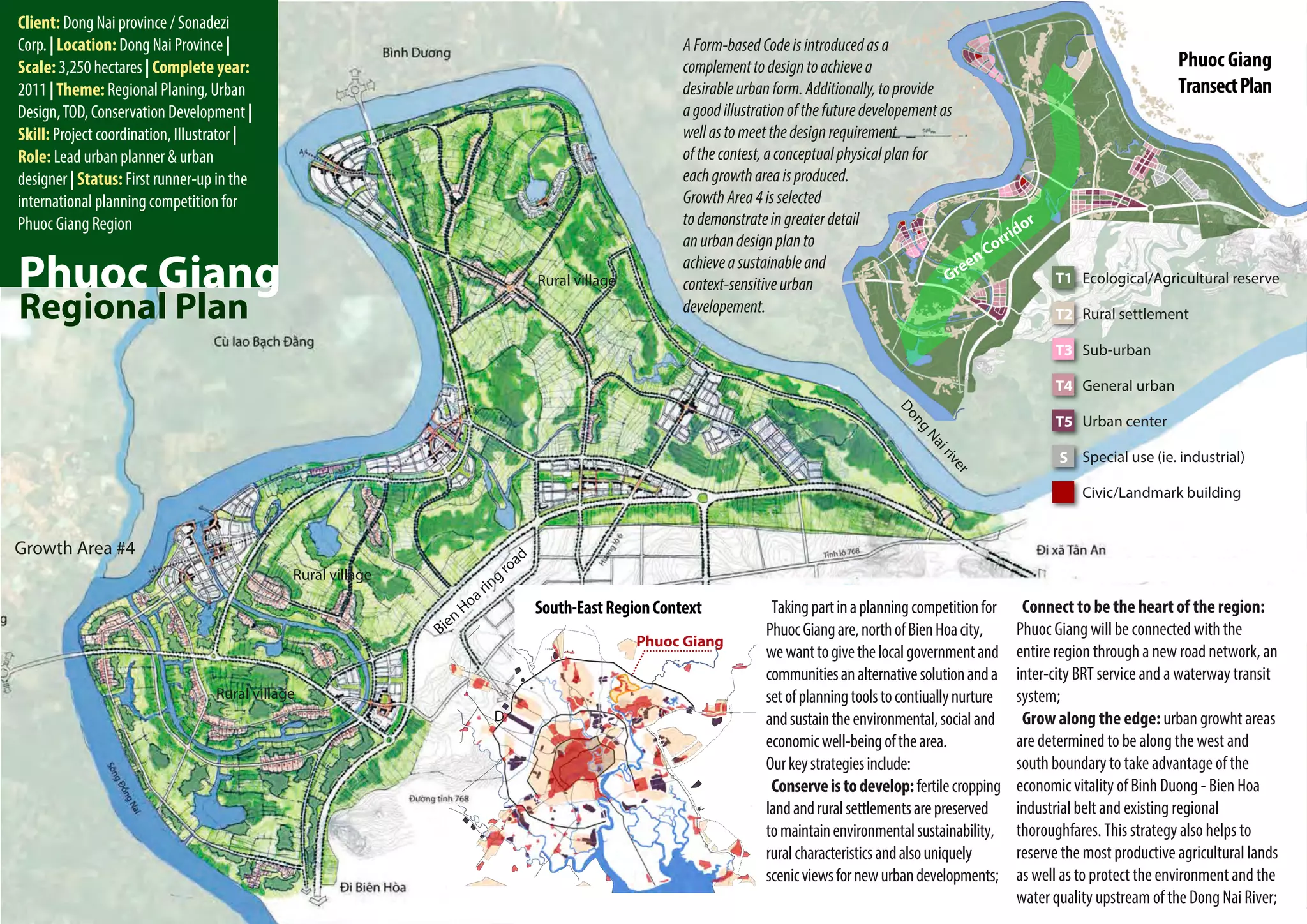 Client: Dong Nai province / Sonadezi
Corp. | Location: Dong Nai Province |                                   A Form-based Code is introduced as a
Scale: 3,250 hectares | Complete year:                                  complement to design to achieve a                                                        Phuoc Giang
2011 | Theme: Regional Planing, Urban                                   desirable urban form. Additionally, to provide                                           Transect Plan
Design, TOD, Conservation Development |                                 a good illustration of the future developement as
Skill: Project coordination, Illustrator |                              well as to meet the design requirement
Role: Lead urban planner & urban                                        of the contest, a conceptual physical plan for
designer | Status: First runner-up in the                               each growth area is produced.
    Binh Duong
international planning competition for                                  Growth Area 4 is selected
    province                                                            to demonstrate in greater detail
Phuoc Giang Region
                                                                        an urban design plan to
                                                                        achieve a sustainable and
                                                                        context-sensitive urban                                            T1 Ecological/Agricultural reserve
                                                                        developement.                                                      T2 Rural settlement

                                                                                                                                           T3 Sub-urban

                                                                                                                                           T4 General urban

                                                                                                                                           T5 Urban center

                                                                                                                                            S Special use (ie. industrial)

                                                                                                                                                Civic/Landmark building




                                                  South-East Region Context             Taking part in a planning competition for     Connect to be the heart of the region:
                                                                                       Phuoc Giang are, north of Bien Hoa city,      Phuoc Giang will be connected with the
                                                                 Phuoc Giang
                                                                                       we want to give the local government and      entire region through a new road network, an
                                                                                       communities an alternative solution and a     inter-city BRT service and a waterway transit
                                                                                       set of planning tools to contiually nurture   system;
                                             Dong Nai                                  and sustain the environmental, social and      Grow along the edge: urban growht areas
                                             province                                  economic well-being of the area.              are determined to be along the west and
                                                                                       Our key strategies include:                   south boundary to take advantage of the
                                                                                        Conserve is to develop: fertile cropping     economic vitality of Binh Duong - Bien Hoa
                                                                                       land and rural settlements are preserved      industrial belt and existing regional
                                                                                       to maintain environmental sustainability,     thoroughfares. This strategy also helps to
                                                                                       rural characteristics and also uniquely       reserve the most productive agricultural lands
                                                                                       scenic views for new urban developments;      as well as to protect the environment and the
                                                                                                                                     water quality upstream of the Dong Nai River;
 