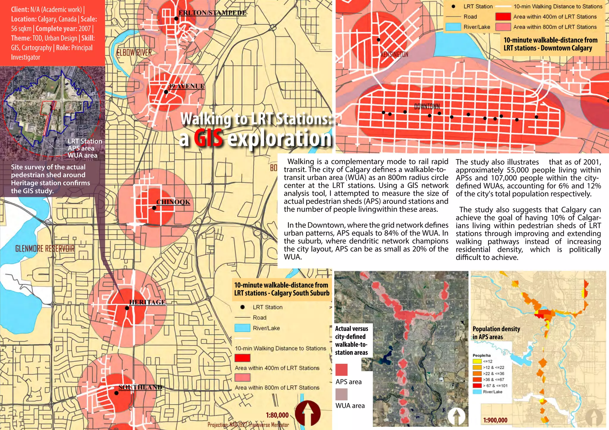 Client: N/A (Academic work) |
Location: Calgary, Canada | Scale:
56 sqkm | Complete year: 2007 |
Theme: TOD, Urban Design | Skill:                                                                                            10-minute walkable-distance from
GIS, Cartography | Role: Principal                                                                                           LRT stations - Downtown Calgary
Investigator




                                                        Walking is a complementary mode to rail rapid        The study also illustrates that as of 2001,
Site survey of the actual                              transit. The city of Calgary defines a walkable-to-   approximately 55,000 people living within
pedestrian shed around                                 transit urban area (WUA) as an 800m radius circle     APSs and 107,000 people within the city-
Heritage station confirms                              center at the LRT stations. Using a GIS network       defined WUAs, accounting for 6% and 12%
the GIS study.                                         analysis tool, I attempted to measure the size of     of the city's total population respectively.
                                                       actual pedestrian sheds (APS) around stations and
                                                       the number of people livingwithin these areas.         The study also suggests that Calgary can
                                                                                                             achieve the goal of having 10% of Calgar-
                                                        In the Downtown, where the grid network defines      ians living within pedestrian sheds of LRT
                                                       urban patterns, APS equals to 84% of the WUA. In      stations through improving and extending
                                                       the suburb, where dendritic network champions         walking pathways instead of increasing
                                                       the city layout, APS can be as small as 20% of the    residential density, which is politically
                                                       WUA.                                                  difficult to achieve.


                                     10-minute walkable-distance from
                                     LRT stations - Calgary South Suburb



                                                                           Actual versus                          Population density
                                                                           city-defined                           in APS areas
                                                                           walkable-to-
                                                                           station areas



                                                                           APS area


                                                                           WUA area
 