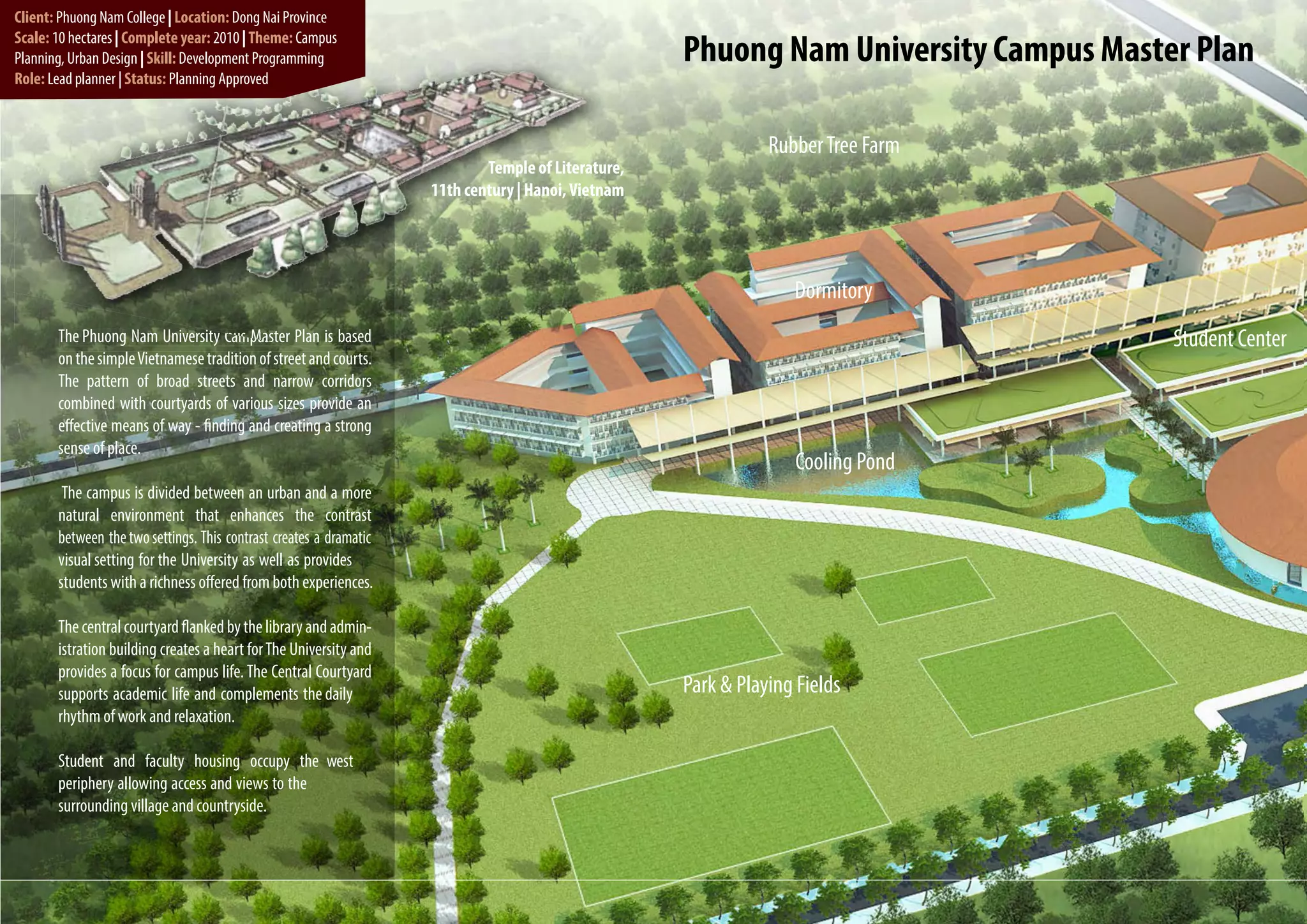 Client: Phuong Nam College | Location: Dong Nai Province
Scale: 10 hectares | Complete year: 2010 | Theme: Campus
Planning, Urban Design | Skill: Development Programming                                             Phuong Nam University Campus Master Plan
Role: Lead planner | Status: Planning Approved



                                                                                                               Rubber Tree Farm
                                                                            Temple of Literature,
                                                                    11th century | Hanoi, Vietnam




                                                                                                                  Dormitory
       The Phuong Nam University Campus Master Plan is based                                                                          Student Center
                                                                                                                                      Student Center
       on the simple Vietnamese tradition of street and courts.
       The pattern of broad streets and narrow corridors
       combined with courtyards of various sizes provide an
       effective means of way - finding and creating a strong
       sense of place.
                                                                                                                  Cooling Pond
        The campus is divided between an urban and a more
       natural environment that enhances the contrast
       between the two settings. This contrast creates a dramatic
       visual setting for the University as well as provides
       students with a richness offered from both experiences.

       The central courtyard flanked by the library and admin-
       istration building creates a heart for The University and
       provides a focus for campus life. The Central Courtyard
       supports academic life and complements the daily                                             Park & Playing Fields
       rhythm of work and relaxation.

       Student and faculty housing occupy the west
       periphery allowing access and views to the
       surrounding village and countryside.
 
