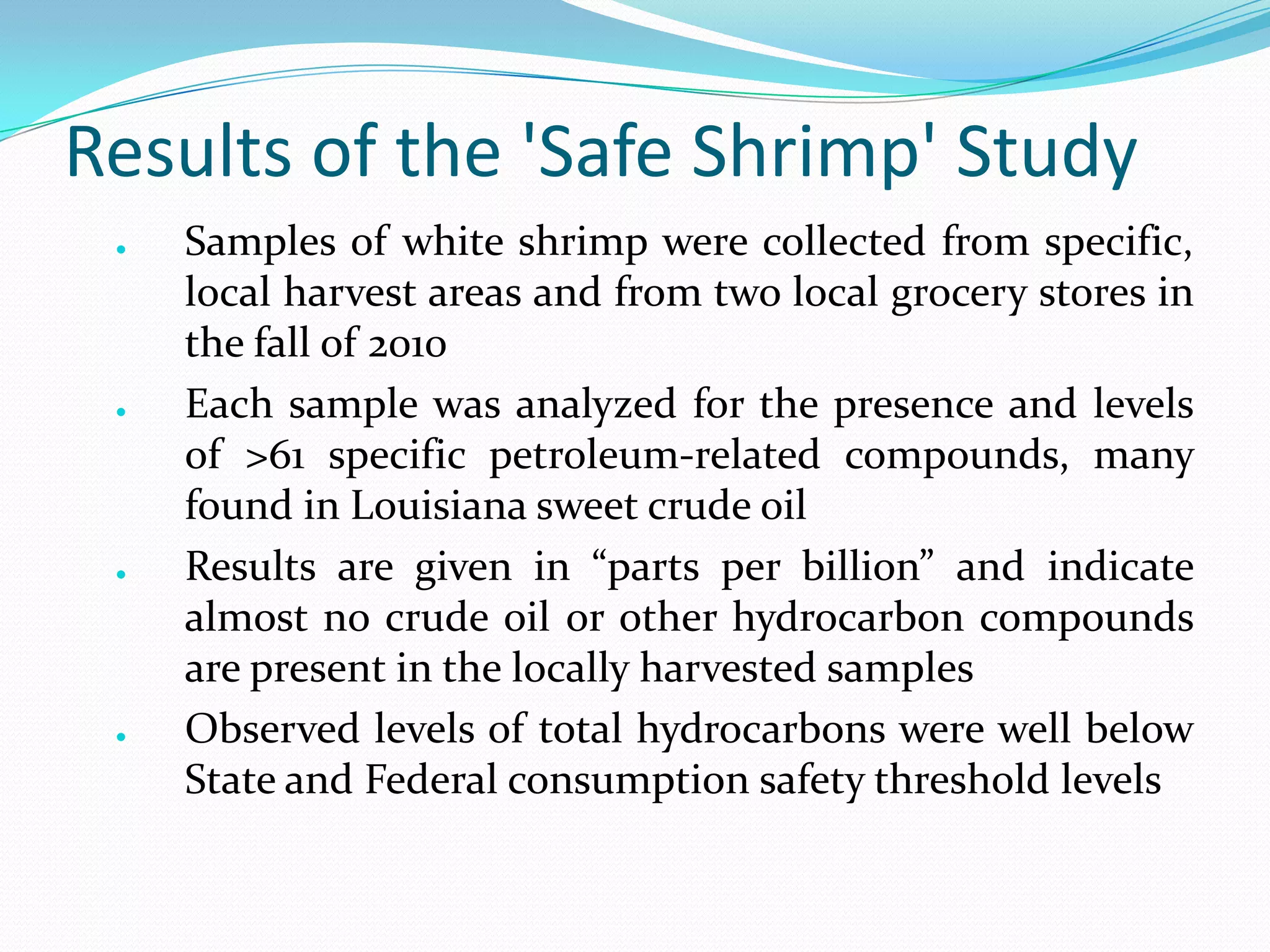 Results of the 'Safe Shrimp' Study
●

●

●

●

Samples of white shrimp were collected from specific,
local harvest areas and from two local grocery stores in
the fall of 2010
Each sample was analyzed for the presence and levels
of >61 specific petroleum-related compounds, many
found in Louisiana sweet crude oil
Results are given in “parts per billion” and indicate
almost no crude oil or other hydrocarbon compounds
are present in the locally harvested samples
Observed levels of total hydrocarbons were well below
State and Federal consumption safety threshold levels

 