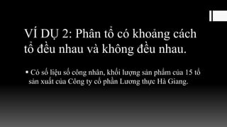 VÍ DỤ 2: Phân tổ có khoảng cách
tổ đều nhau và không đều nhau.
 Có số liệu số công nhân, khối lượng sản phẩm của 15 tổ
sản xuất của Công ty cổ phần Lương thực Hà Giang.
 