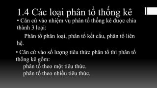 1.4 Các loại phân tổ thống kê
• Căn cứ vào nhiệm vụ phân tổ thống kê được chia
thành 3 loại:
Phân tổ phân loại, phân tổ kết cấu, phân tổ liên
hệ.
• Căn cứ vào số lượng tiêu thức phân tổ thì phân tổ
thống kê gồm:
phân tổ theo một tiêu thức.
phân tổ theo nhiều tiêu thức.
 