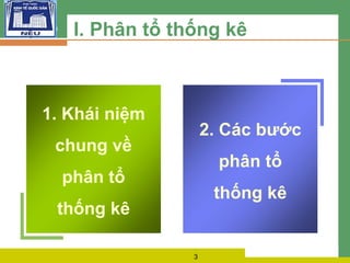 L O G O I. Phân tổ thống kê
3
1. Khái niệm
chung về
phân tổ
thống kê
2. Các bước
phân tổ
thống kê
 