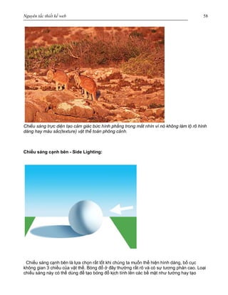Nguyên tắc thiết kế web 58
Chiếu sáng trực diện tạo cảm giác bức hình phẳng trong mắt nhìn vì nó không làm lộ rõ hình
dáng hay màu sắc(texture) vật thể toàn phông cảnh.
Chiếu sáng cạnh bên - Side Lighting:
Chiếu sáng cạnh bên là lựa chọn rất tốt khi chúng ta muốn thể hiện hình dáng, bố cục
không gian 3 chiều của vật thể. Bóng đổ ở đây thường rất rõ và có sự tương phản cao. Loại
chiếu sáng này có thể dùng để tạo bóng đổ kịch tính lên các bề mặt như tường hay tạo
 