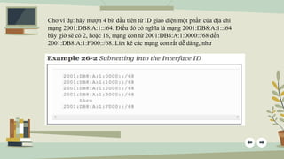 Cho ví dụ: hãy mượn 4 bit đầu tiên từ ID giao diện một phần của địa chỉ
mạng 2001:DB8:A:1::/64. Điều đó có nghĩa là mạng 2...