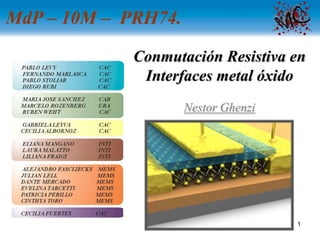 1
Outline
Conmutación Resistiva en
Interfaces metal óxido
Nestor Ghenzi
MdP – 10M – PRH74.
 