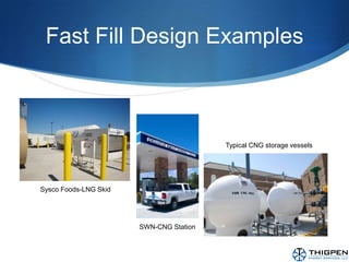 Additional components necessary in the total system design include inlet gas dryer system, gas cooler and high pressure gas filtration systemFast Fill Design-LNGComponents consist of LNG storage tank, control system and LNG cryogenic pump