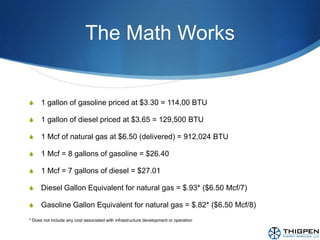 The Math Works1 gallon of gasoline priced at $3.30 = 114,00 BTU1 gallon of diesel priced at $3.65 = 129,500 BTU1 Mcf of natural gas at $6.50 (delivered) = 912,024 BTU1 Mcf = 8 gallons of gasoline = $26.40 1 Mcf = 7 gallons of diesel = $27.01Diesel Gallon Equivalent for natural gas = $.93* ($6.50 Mcf/7)Gasoline Gallon Equivalent for natural gas = $.82* ($6.50 Mcf/8)* Does not include any cost associated with infrastructure development or operation