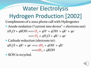 Compliments of a 2002 phone call with Hydrogenics
 Anode oxidation (“current into device” = electrons out)
2H2O + 4KOH ==...
