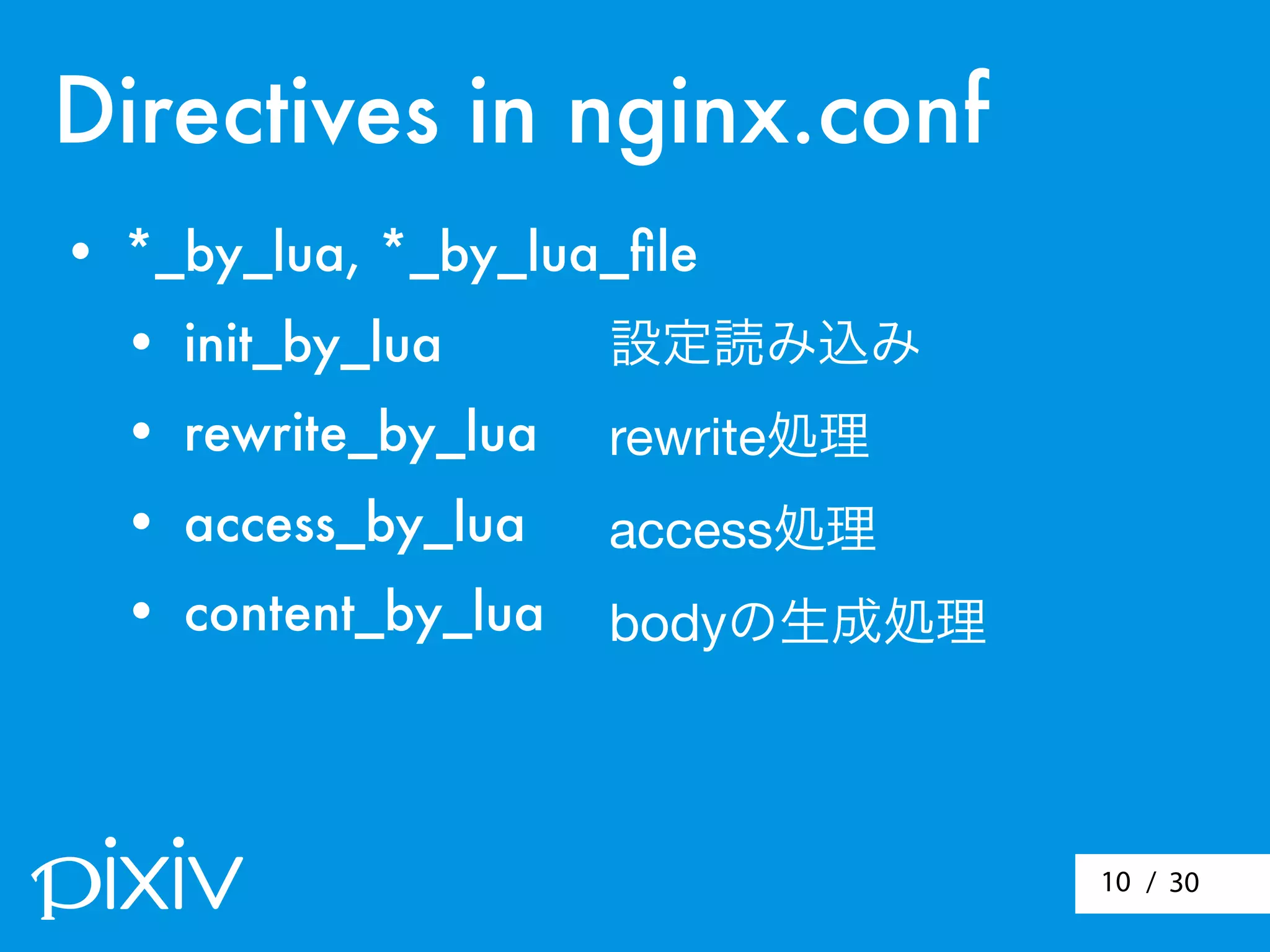 / 3010
Directives in nginx.conf
• *_by_lua, *_by_lua_ﬁle
• init_by_lua
• rewrite_by_lua
• access_by_lua
• content_by_lua
設定読み込み
rewrite処理
access処理
bodyの生成処理
 