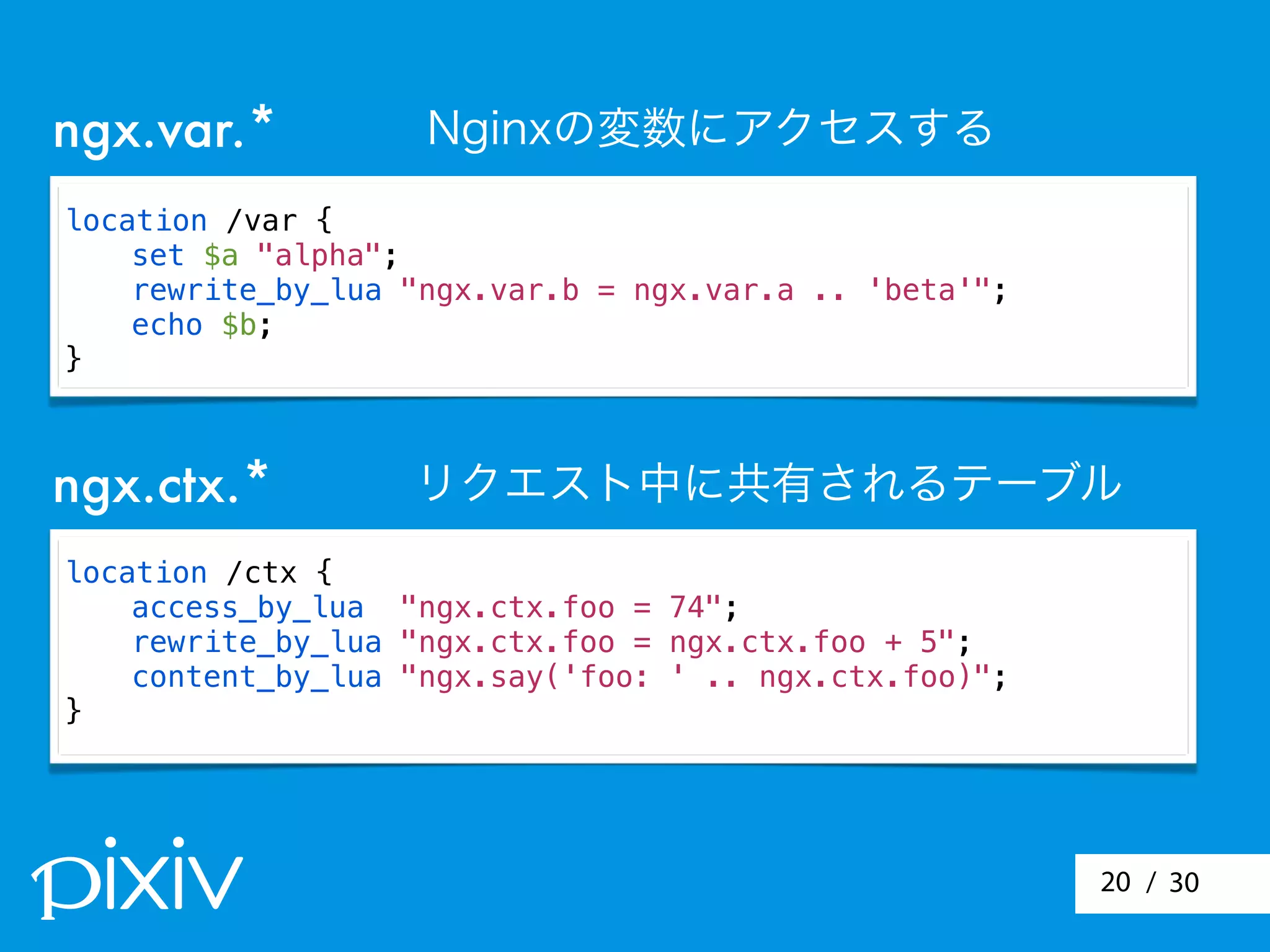 / 3020
location /var {
set $a "alpha";
rewrite_by_lua "ngx.var.b = ngx.var.a .. 'beta'";
echo $b;
}
ngx.var.*
ngx.ctx.*
location /ctx {
access_by_lua "ngx.ctx.foo = 74";
rewrite_by_lua "ngx.ctx.foo = ngx.ctx.foo + 5";
content_by_lua "ngx.say('foo: ' .. ngx.ctx.foo)";
}
Nginxの変数にアクセスする
リクエスト中に共有されるテーブル
 