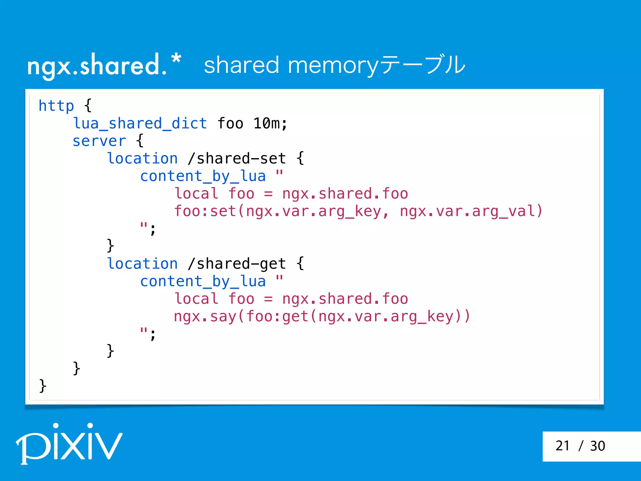 / 3021
ngx.shared.* shared memoryテーブル
http {
lua_shared_dict foo 10m;
server {
location /shared-set {
content_by_lua "
local foo = ngx.shared.foo
foo:set(ngx.var.arg_key, ngx.var.arg_val)
";
}
location /shared-get {
content_by_lua "
local foo = ngx.shared.foo
ngx.say(foo:get(ngx.var.arg_key))
";
}
}
}
 