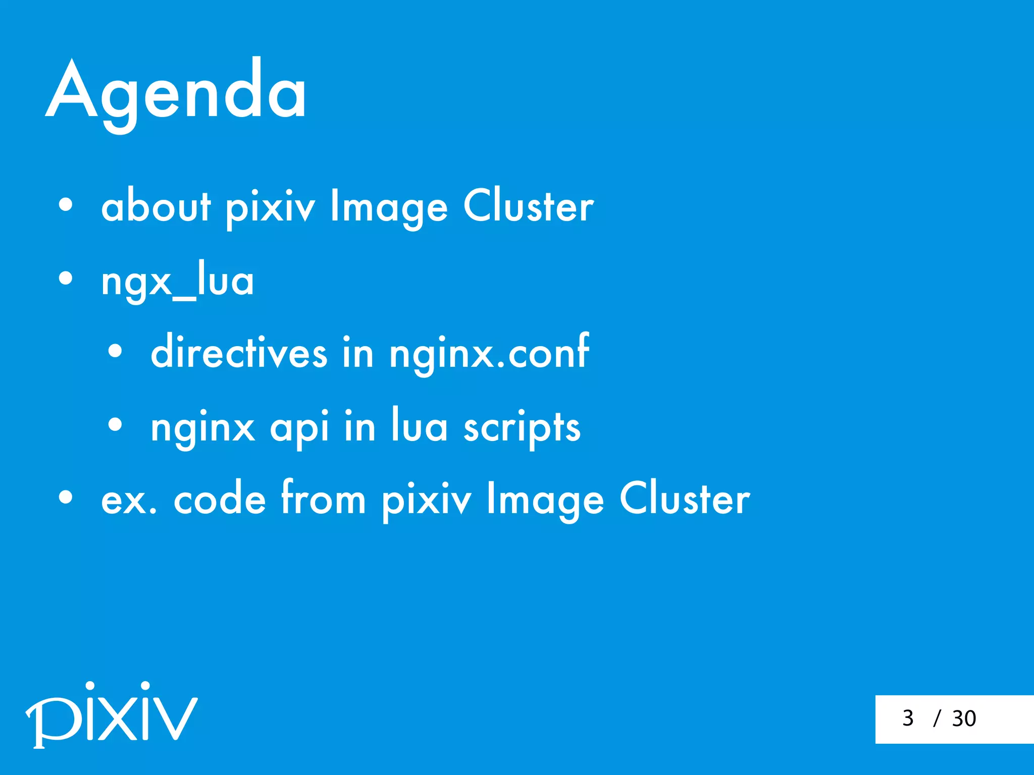/ 303
• about pixiv Image Cluster
• ngx_lua
• directives in nginx.conf
• nginx api in lua scripts
• ex. code from pixiv Image Cluster
Agenda
 