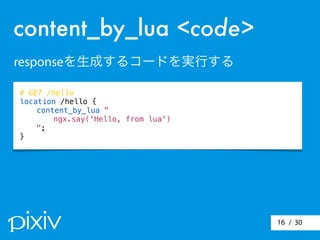 / 3016
# GET /hello
location /hello {
content_by_lua "
ngx.say('Hello, from lua')
";
}
content_by_lua <code>
responseを生成するコードを実行する
 