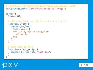 / 309
# load from /etc/nginx/scripts/?.lua and default root
lua_package_path "/etc/nginx/scripts/?.lua;;";
server {
listen 80;
# GET /fact?a=4 -> 24 (4! = 4 * 3 * 2 * 1)
location /fact {
content_by_lua "
local val = 1
for i = 2, ngx.var.arg_a do
val *= i;
end
";
}
# same code in file
location /fact_script {
content_by_lua_file "fact.lua";
}
}
 