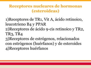 Receptores nucleares de hormonas
(esteroideas)
1)Receptores de TR1, Vit A, ácido retinoico,
leucotrieno B4 y PPAR
2)Receptores de ácido 9-cis retinoico y TR2,
TR3, TR4
3)Receptores de estrógenos, relacionados
con estrógenos (huérfanos) y de esteroides
4)Receptores huérfanos
 