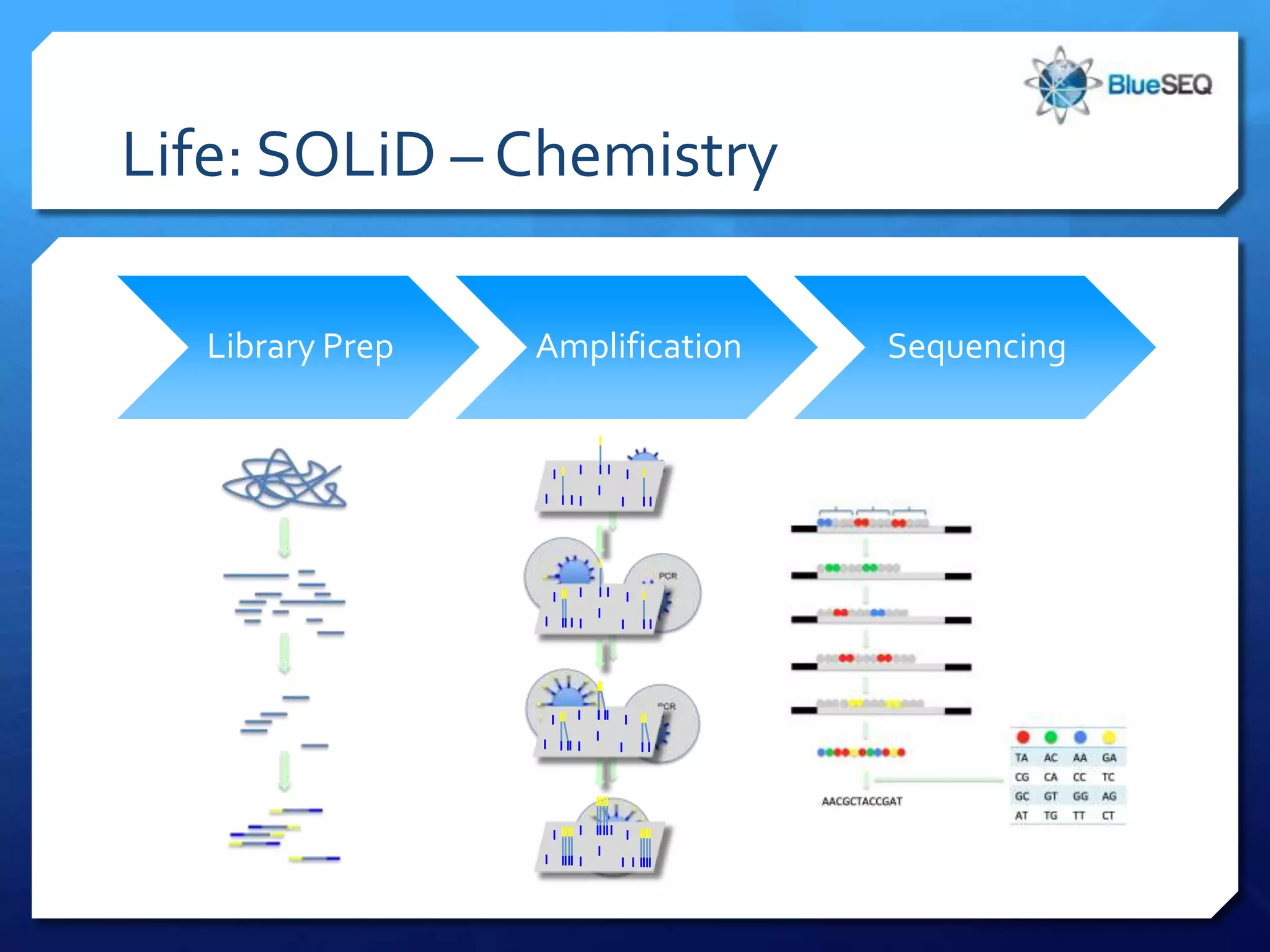 Life: SOLiD – Chemistry

  Library Prep   Amplification   Sequencing
 