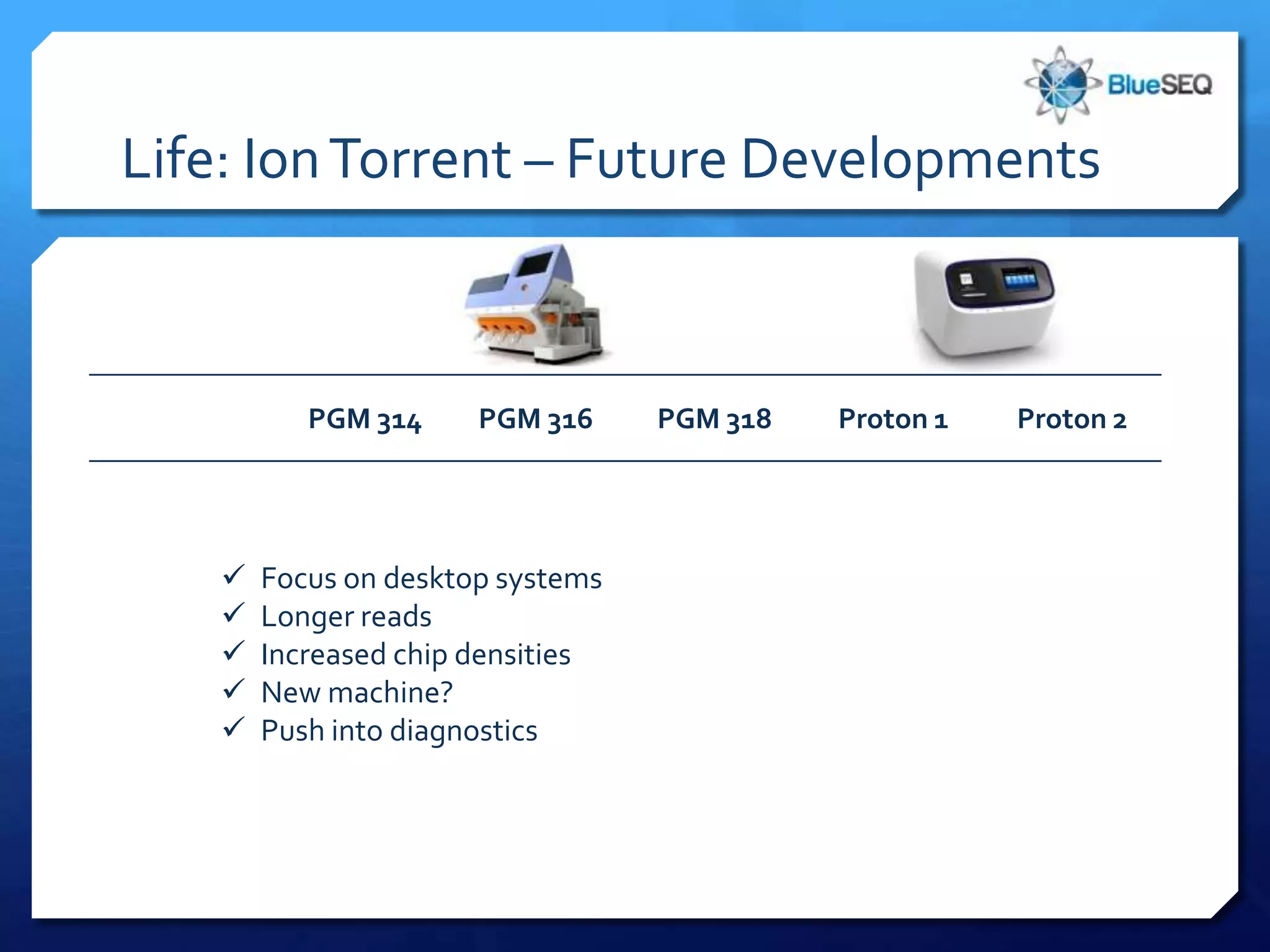 Life: Ion Torrent – Future Developments



          PGM 314     PGM 316     PGM 318   Proton 1   Proton 2




      Focus on desktop systems
      Longer reads
      Increased chip densities
      New machine?
      Push into diagnostics
 