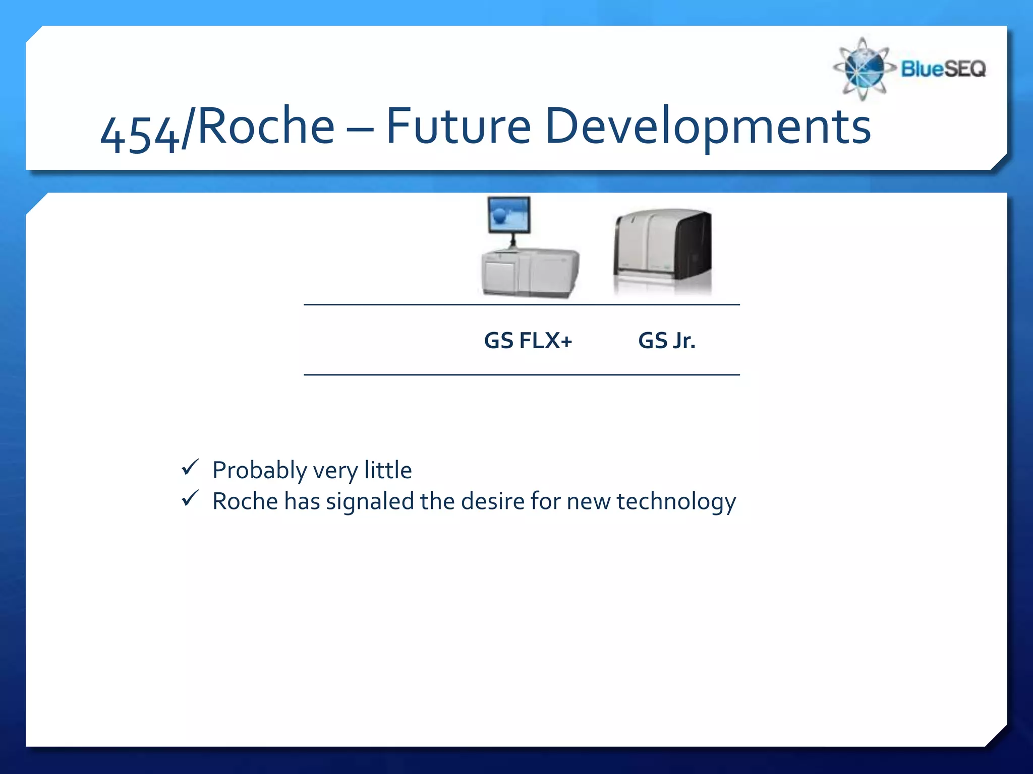 454/Roche – Future Developments


                              GS FLX+       GS Jr.




    Probably very little
    Roche has signaled the desire for new technology
 