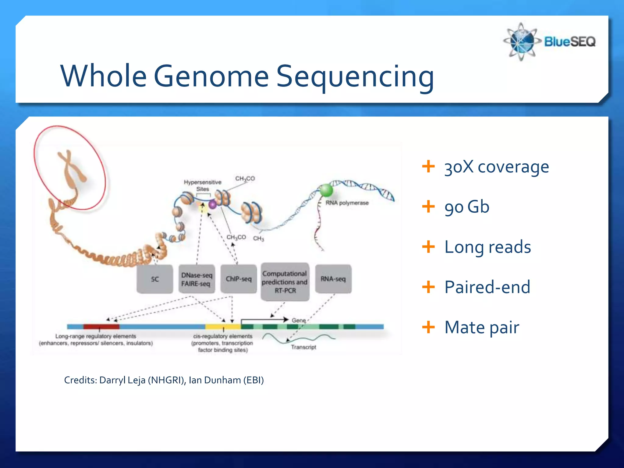 Whole Genome Sequencing

                                                  30X coverage

                                                  90 Gb

                                                  Long reads

                                                  Paired-end

                                                  Mate pair

Credits: Darryl Leja (NHGRI), Ian Dunham (EBI)
 
