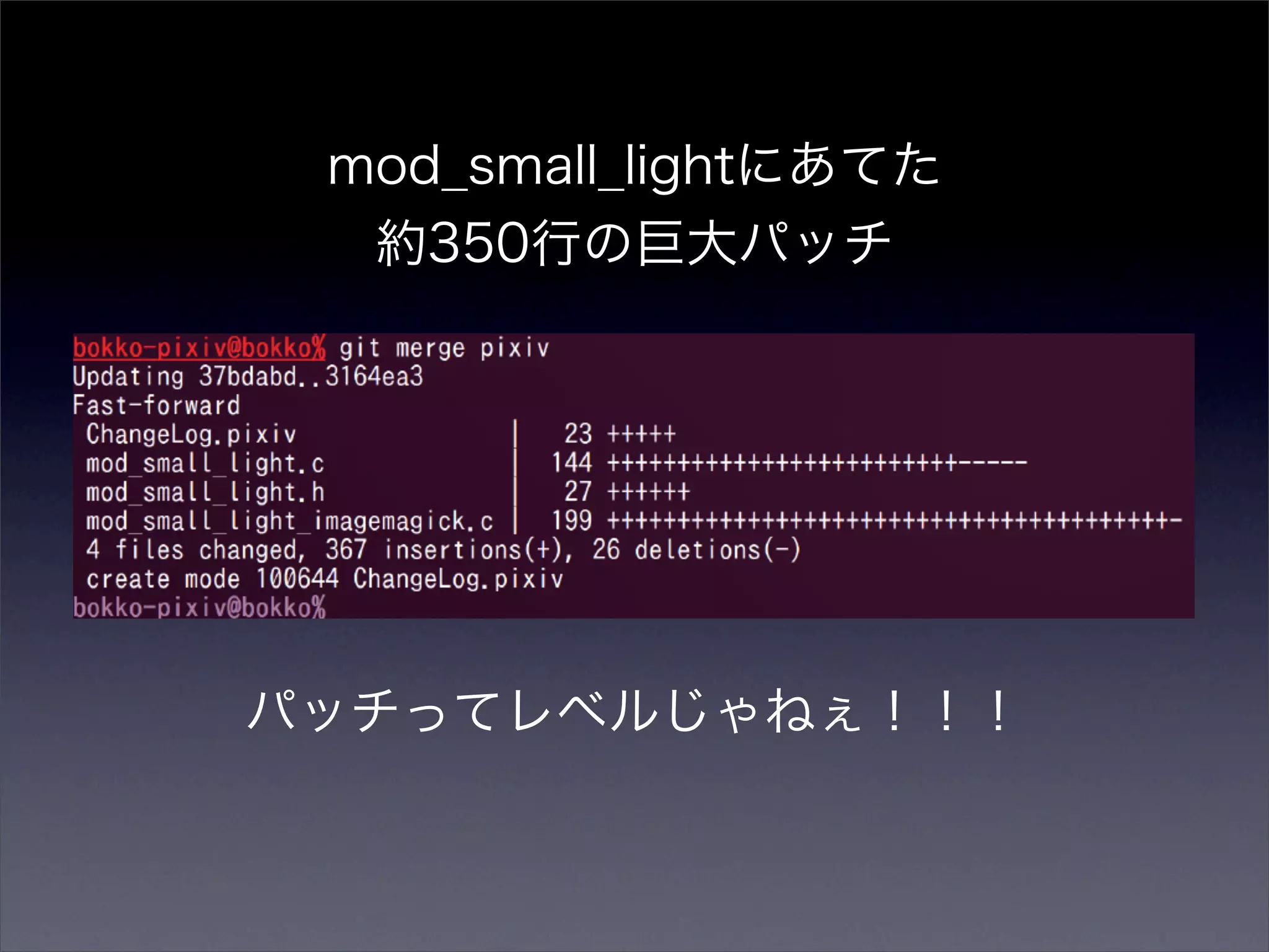mod_small_lightにあてた
  約350行の巨大パッチ




パッチってレベルじゃねぇ！！！
 