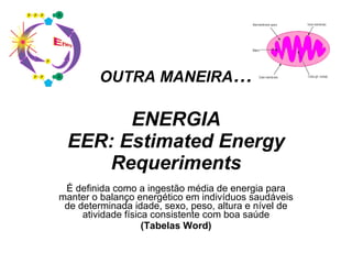 OUTRA MANEIRA … ENERGIA EER: Estimated Energy Requeriments É definida como a ingestão média de energia para manter o balanço energético em indivíduos saudáveis de determinada idade, sexo, peso, altura e nível de atividade física consistente com boa saúde (Tabelas Word) 