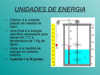 UNIDADES DE ENERGIA Caloria: é a unidade padrão de medida de calor.  Uma Kcal é a energia calorífica necessária para elevar em 1°C a temperatura de 1 Kg de água. Joule: é a medida de energia no sistema métrico.  1caloria = 4,18 joules 