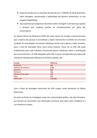 Esteja de acordo com os requisitos do Decreto-Lei n.º 560/99, de 18 de Dezembro,
       sobre rotulagem, apresentação e publicidade dos géneros alimentícios, no que
       respeita à legibilidade;
       Seja suportada por programas educativos sobre rotulagem nutricional que ajudem
       a alcançar uma mudança positiva de comportamentos por parte dos
       consumidores.

Os Valores Diários de Referência (VDR) são níveis típicos de energia e macronutrientes
que a maioria das pessoas é aconselhada a ingerir diariamente no âmbito de uma dieta
saudável. As necessidades nutricionais individuais variam com o género, idade, tamanho,
peso e nível de actividade física, entre outros factores. Como tal, os VDR não estão
estabelecidos para cada indivíduo, fornecendo apenas referências sobre a contribuição
dos macronutrientes. Os VDR adoptados pela FIPA, os quais correspondem aos valores de
referência indicados pela CIAA para as mulheres adultas, são:

Energia                                      2000 kcal
Proteínas                                    50g
Hidratos de Carbono                          270g
Açúcares                                     90g
Gorduras                                     70g
Gorduras Saturadas                           20g
Fibra                                        25g
Sódio (sal)                                  2,4g (6g)




Com o Plano de Rotulagem Nutricional da FIPA surgem novos elementos no Rótulo
Nutricional.

Na parte da frente da embalagem surge uma representação gráfica, não discriminatória,
que forneça ao consumidor uma informação à primeira vista sobre valor energético e a
sua relevância na dieta.
 
