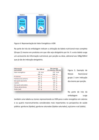 Figura 4. Representação do Valor Energético e VDR

Na parte de trás da embalagem indicam a utilização da tabela nutricional mais completa
                                        utilização
(Grupo 2) mesmo em produtos em que não seja obrigatória por lei. E a esta tabela surge
um acrescento de informação nutricional por porção ou dose, adicional aos 100g/100ml
                            nutricional,
que já são de indicação obrigatória.




                                                                    Figura 5. Exemplo de
                                                                      gura
                                                                    Rótulo        Nutricional
                                                                    grupo 2 com indicação
                                                                    dos teores por porção.




                                                                    Na parte de trás da
                                                                    embalagem           surge
                                                                                        s
também uma tabela ou ícones representando os VDR para o valor energético em calorias
e os quatro macronutrientes considerados mais impor
                                              importantes na perspectiva de saúde
pública: gorduras (lípidos), gorduras saturadas (
                          ),                    (lípidos saturados), açúcares e sal (sódio).
 