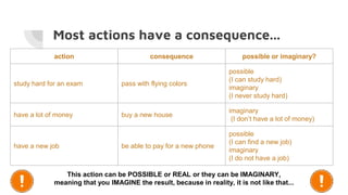 Most actions have a consequence...
action consequence possible or imaginary?
study hard for an exam pass with flying colors
possible
(I can study hard)
imaginary
(I never study hard)
have a lot of money buy a new house
imaginary
(I don’t have a lot of money)
have a new job be able to pay for a new phone
possible
(I can find a new job)
imaginary
(I do not have a job)
This action can be POSSIBLE or REAL or they can be IMAGINARY,
meaning that you IMAGINE the result, because in reality, it is not like that...
 