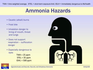 TWA = time weighted average, STEL = short-term exposure limit, IDLH = immediately dangerous to life/health



                              Ammonia Hazards
    • Caustic (alkali) burns

    • Frost bite

    • Inhalation danger to
      lining of mouth, throat
      and lungs
    • Does not support
     respiration – suffocation
     danger

    • Especially dangerous to
      eyes
              TWA = 25 ppm
               STEL = 35 ppm
              IDHL = 500 ppm

          Agrochemicals and Security: Security and Anhydrous Ammonia                             Anhyd-06
 