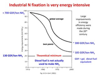 Industrial N fixation is very energy intensive
> 700 GDF/ton NH3
                                                            Large
                                                      improvements
                                                         in energy
                                                      efficiency were
                                                       made during
                                                          the 20th
                                                          century.


                                                    ~ 300 GDF/ton NH3


                                                    ~ 185 GDF/ton NH3
130 GDF/ton NH3      Theoretical minimum
                                                     GDF = gal. diesel fuel
                    Diesel fuel is not actually           equivalent
                       used to make NH3


                         Fig. 6.12 in Smil (2001)
 