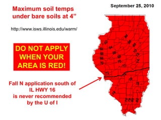 Maximum soil temps
 under bare soils at 4”
http://www.isws.illinois.edu/warm/



  DOof I anhydrous
    U NOT APPLY
 application guidelines
   are basedYOUR
   WHEN on daily
  maximumIS RED!
  AREA temp at 4”

Fall N application south of
         IL HWY 16
 is never recommended
        by the U of I
 
