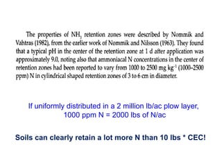 If uniformly distributed in a 2 million lb/ac plow layer,
               1000 ppm N = 2000 lbs of N/ac


Soils can clearly retain a lot more N than 10 lbs * CEC!
 