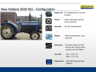 New Holland 3030 MU - Configuration
Engine HP : 35, Suitable also for hard soil
condition
Clutch : Single, Diaphragm Type for
smooth operation
Gear Box : 8F+2R, Constant Mesh,
Brakes : Oil Immersed Brakes, Long
brake life
Hydraulics : Automatic Depth and Draft
Control, with 1200 kg Lifting
capacity and Lift-O-Matic.
Tyre Size : Front- 5.00 x 16
Rear - 11.2 x 28
Ergonomics : Side Shift and Broad Seat
Platform
 
